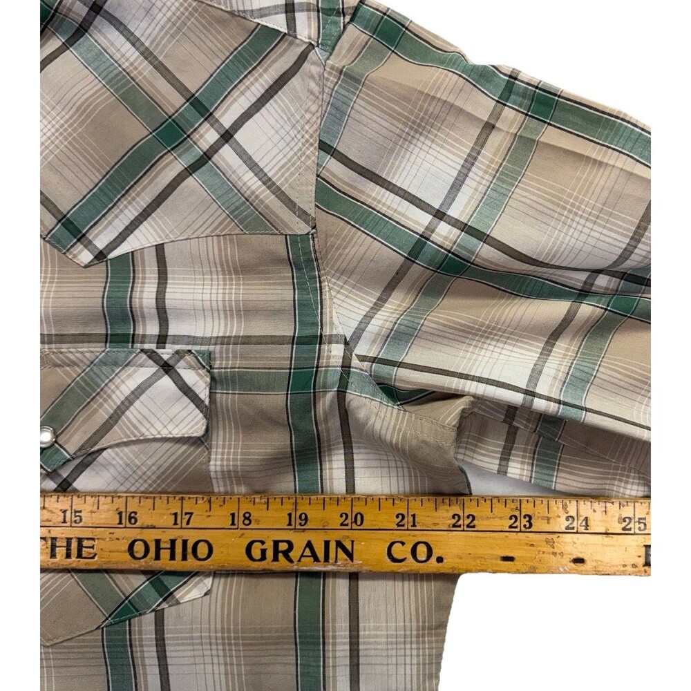 Wrangler Rodeo Wrancher Tan Green Plaid Shirt Pearl Snaps Long Sleeves Cotton L - Picture 6 of 7
